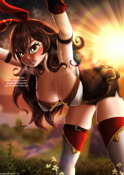 Rule 34 | absurdres, alternate breast size, amber (genshin impact), backlighting, bluewolfartista, breasts, brown gloves, brown hair, brown shorts, crossed bangs, exercising, genshin impact, gloves, hair between eyes, hanging breasts, highres, large breasts, ribbon, self-upload, shorts, sweat, thick thighs, thighs, yellow eyes
