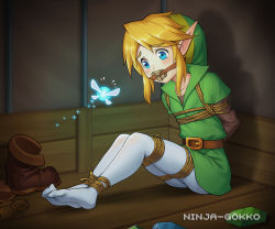 Rule 34 | 1boy, arms behind back, artist name, blonde hair, blue eyes, boots, unworn boots, bound, fairy, gagged, green shirt, indoors, kidnapped, link, medium hair, navi, ninja-gokko, nintendo, on floor, pantyhose, pointy ears, restrained, rope, shibari, shibari over clothes, shirt, sparkle, the legend of zelda, the legend of zelda: ocarina of time, white pantyhose