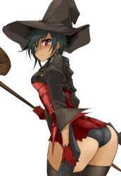 Rule 34 | 1girl, ass, blue eyes, blush, deed (lord of vermilion iii), earrings, gloves, green hair, hat, heterochromia, highres, jewelry, looking back, lord of vermilion, lord of vermilion iii, momio, panties, red eyes, solo, staff, thighhighs, underwear, witch hat