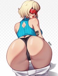 Rule 34 | 1girl, arm tattoo, artist name, ass, ass focus, bare shoulders, black panties, blonde hair, blue sweater, clothes pull, cropped sweater, earrings, evie (fortnite), fortnite, goggles, grey background, hair ornament, highres, hoop earrings, jewelry, looking at viewer, looking back, magaska19, official alternate costume, official alternate hairstyle, panties, pants, pants pull, red-tinted eyewear, red lips, ribbed sweater, short hair, ski goggles, sleeveless, sleeveless sweater, snow goggles, solo, summitseeker evie (fortnite), sweater, tattoo, tinted eyewear, underwear, white background, white pants