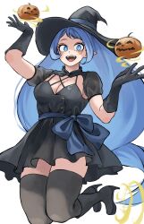 Rule 34 | 1girl, :d, absurdres, alternate costume, black dress, black footwear, black gloves, black thighhighs, blue eyes, blue hair, blue ribbon, boku no hero academia, breasts, cleavage, dress, energy, fengling (furin-jp), floating, floating object, gloves, hadou nejire, hat, high heels, highres, jack-o&#039;-lantern, light blue hair, long hair, looking at viewer, medium breasts, midair, open mouth, pointy ears, ribbon, smile, solo, thick thighs, thighhighs, thighs, unfinished, very long hair, white background, witch, witch hat