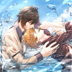 Rule 34 | 2boys, antenna hair, blue sky, brown hair, brown shirt, closed eyes, closed mouth, cloud, collared shirt, colored tips, commentary request, day, eyeshadow, fish, fuyuni0307, genshin impact, gradient hair, hair between eyes, highres, holding, in water, long hair, long sleeves, low ponytail, makeup, male focus, multicolored hair, multiple boys, open mouth, orange hair, outdoors, partially submerged, ponytail, profile, red eyeshadow, red shirt, shirt, short hair, sidelocks, sky, sleeves rolled up, smile, tartaglia (genshin impact), teeth, tongue, upper body, upper teeth only, vision (genshin impact), water, water drop, wet, wing collar, zhongli (genshin impact)