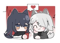 Rule 34 | 2girls, animal ears, arknights, black capelet, black hair, black shirt, blush stickers, brown eyes, capelet, cardiogram, cellphone, chibi, closed eyes, closed mouth, commentary request, cropped torso, earbuds, earphones, eighth note, fang, fang out, grey jacket, hair between eyes, hair ornament, hair over one eye, hairclip, heart, holding, holding phone, hood, hood down, hooded jacket, jacket, lappland (arknights), multiple girls, musical note, open clothes, open jacket, phone, shared earphones, shirt, spoken heart, tail, texas (arknights), upper body, white jacket, xijian