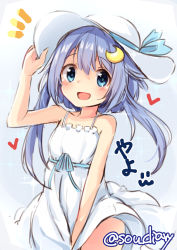 Rule 34 | 1girl, blue background, commentary request, cowboy shot, crescent, crescent hair ornament, dress, hair ornament, hat, kantai collection, looking at viewer, open mouth, purple hair, short hair, short hair with long locks, skirt hold, smile, solo, sou (soutennkouchi), spaghetti strap, strapless, strapless dress, sun hat, sundress, twitter username, white dress, white hat, yayoi (kancolle)