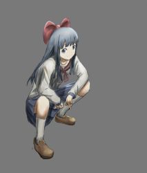 Rule 34 | 10s, 1girl, blue hair, blue skirt, bow, brown footwear, commentary request, full body, grey background, grey eyes, hair bow, highres, kafuka (t4nm1-z), kerchief, kneehighs, long sleeves, looking at viewer, middle finger, pipimi, pleated skirt, poptepipic, red bow, red kerchief, school uniform, serafuku, shirt, simple background, skirt, socks, squatting, white shirt