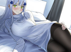 Rule 34 | 1girl, arm support, bed, black pantyhose, blush, breasts, closed mouth, commentary request, cowboy shot, curtains, dress, girls&#039; frontline, green eyes, hair ornament, hand on own thigh, hk416 (girls&#039; frontline), indoors, long hair, long sleeves, looking at viewer, lying, medium breasts, nakamura rohane, on bed, on side, panties, panties under pantyhose, pantyhose, pillow, ribbed sweater, sidelocks, silver hair, smile, solo, sweater, sweater dress, thighband pantyhose, turtleneck, turtleneck sweater, underwear, white sweater, wide hips