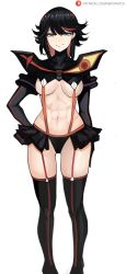 Rule 34 | 1girl, absurdres, black hair, blue eyes, boots, breasts, groin tendon, hand on own hip, highres, kill la kill, matoi ryuuko, medium breasts, multicolored hair, navel, nero watch, pigeon-toed, red hair, senketsu, smirk, solo, streaked hair, thigh boots, thighhighs, thighs, white background