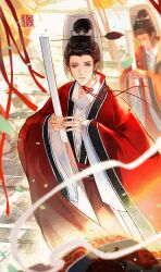 Rule 34 | 1boy, black hair, blurry, chinese clothes, chinese empire, duijin ruqun, duyou yu shan shu, futou, hand fan, hanfu, hat, highres, holding, huban, layered clothes, long sleeves, looking at viewer, male focus, motion blur, northern wei, original, red ribbon, ribbon, robe, solo focus, standing, wide sleeves