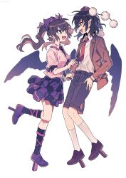 Rule 34 | 2girls, bird wings, black hair, black necktie, black shorts, black skirt, black socks, black wings, brown eyes, brown footwear, brown hair, brown jacket, checkered clothes, checkered skirt, collared shirt, feathered wings, hair between eyes, hat, highres, himekaidou hatate, jacket, long hair, multiple girls, necktie, open clothes, open jacket, open mouth, pink shirt, pointy ears, pom pom (clothes), purple footwear, purple headwear, purple skirt, re ghotion, red eyes, red headwear, red necktie, shameimaru aya, shirt, shoes, short hair, short sleeves, shorts, simple background, skirt, smile, socks, tokin hat, touhou, twintails, white background, white shirt, white socks, wings