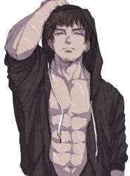 Rule 34 | 1boy, abs, absurdres, ardbert hylfyst, bara, black jacket, blue eyes, brown hair, facial hair, final fantasy, final fantasy xiv, highres, hood, hood up, hooded jacket, jacket, large pectorals, looking at viewer, male focus, muscular, muscular male, navel, open clothes, open jacket, pectorals, short hair, simple background, solo, upper body, white background, zanki