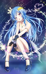 Rule 34 | 1girl, bare shoulders, black gloves, blue footwear, blue hair, blue nails, collarbone, fingernails, full body, gloves, hair ornament, high heels, highres, holding, holding microphone, hololive, hoshimachi suisei, jewelry, long hair, looking at viewer, microphone, nail polish, necklace, night, night sky, open mouth, purple eyes, shihaku rare, sky, solo, star (symbol), star in eye, symbol in eye, virtual youtuber