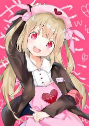 Rule 34 | 1girl, blonde hair, collar, commentary request, hat, heart, long hair, name tag, nana kagura, natori sana, open mouth, pink eyes, pink hat, sana channel, shirt, smile, solo, virtual youtuber, white shirt