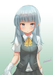 Rule 34 | 1girl, absurdres, blue eyes, blue hair, blunt bangs, bow, bowtie, commentary request, dress shirt, gloves, gradient background, green background, grey skirt, grey vest, hatsukaze (kancolle), highres, kamijou sadame, kantai collection, long hair, looking at viewer, one-hour drawing challenge, shirt, shirt tug, short sleeves, skirt, solo, twitter username, vest, white background, white gloves, white shirt, yellow bow, yellow bowtie