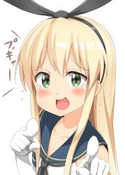 Rule 34 | 10s, 1girl, :d, alternate eye color, bare shoulders, blonde hair, blush, collarbone, elbow gloves, gloves, green eyes, hairband, highres, kantai collection, laughing, long hair, looking at viewer, nedia (nedia region), open mouth, pointing, pointing at viewer, school uniform, serafuku, shimakaze (kancolle), simple background, smile, solo, tears, white background, white gloves