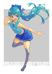 Rule 34 | 1girl, bare arms, blue bow, blue eyes, blue hair, blue ribbon, blue shirt, blue skirt, bow, character name, floating hair, full body, grey background, grey thighhighs, hair bow, hand in own hair, happinesscharge precure!, highres, jj (ssspulse), leg up, long hair, midriff, miniskirt, neck ribbon, open mouth, pleated skirt, ponytail, precure, ribbon, shirayuki hime, shirt, skirt, sleeveless, sleeveless shirt, solo, striped clothes, striped shirt, thighhighs, very long hair, zettai ryouiki