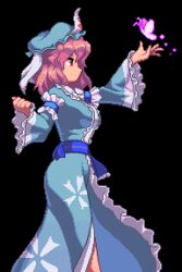 Rule 34 | 1girl, black background, blue hat, blue kimono, bug, butterfly, closed mouth, commentary, frilled kimono, frills, from side, hat, insect, japanese clothes, kimono, mob cap, pink hair, pixel art, potemki11, red eyes, saigyouji yuyuko, sash, short hair, simple background, smile, solo, touhou, triangular headpiece