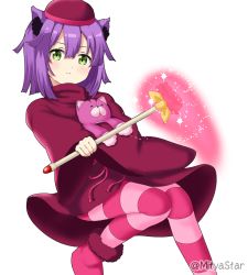 Rule 34 | 1girl, akanegakubo momo, animal ear fluff, animal ears, blush, boots, cat ears, closed mouth, commentary request, dress, eyebrows hidden by hair, fur-trimmed boots, fur trim, green eyes, hair between eyes, hat, holding, holding wand, hugging object, kemonomimi mode, light frown, long sleeves, looking at viewer, mitya, pantyhose, pink footwear, pink pantyhose, pink ribbon, purple hair, red dress, red hat, ribbon, shokugeki no souma, solo, sparkle, striped clothes, striped pantyhose, stuffed animal, stuffed cat, stuffed toy, twitter username, wand, white background, wide sleeves, yellow ribbon