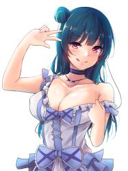 Rule 34 | 10s, 1girl, blue hair, blush, breasts, choker, cleavage, closed mouth, dress, earrings, hair bun, highres, jewelry, large breasts, long hair, looking at viewer, love live!, love live! school idol festival, love live! sunshine!!, mistynight, necklace, no bra, off shoulder, red eyes, simple background, single bare shoulder, single hair bun, single side bun, smile, solo, standing, tongue, tongue out, tsushima yoshiko, v, white background