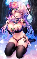 Rule 34 | 1girl, :d, black bra, black footwear, black panties, black thighhighs, bra, breasts, bridal gauntlets, cleavage, fangs, flower, flower anklet, glint, hair flower, hair ornament, hands up, head tilt, heart, hibiscus, high heels, highres, horns, iridescent, large breasts, lingerie, long hair, looking at viewer, mole, mole on breast, mole under eye, navel, open mouth, original, panties, pink eyes, pink flower, pink hair, pointy ears, seiza, sidelocks, single horn, sitting, skindentation, smile, solo, stomach, thighhighs, thighs, tongue, tongue out, twintails, underwear, very long hair, zerocat