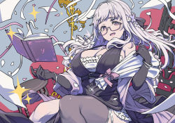 Rule 34 | 1girl, bangle, black dress, black gloves, black thighhighs, blush, book, bracelet, breasts, cleavage, commentary request, confetti, dress, earrings, elbow gloves, glasses, gloves, grey background, grey hair, hair ornament, halter dress, halterneck, indie virtual youtuber, jewelry, large breasts, long hair, looking at viewer, mi2mi2 minmi, mole, mole under eye, parted lips, purple eyes, simple background, single thighhigh, solo, sparkle, stool, streamers, thighhighs, virtual youtuber, yomi tsumugiha