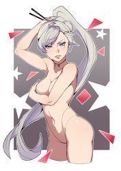 Rule 34 | 1girl, absurdres, blue eyes, breasts, choker, cleavage, collarbone, covering privates, covering breasts, hair ornament, hairclip, highres, krius-ol, lips, long hair, looking at viewer, medium breasts, navel, nude, parted lips, ponytail, rwby, scar, scar across eye, scar on face, solo, stomach, thick thighs, thighs, weiss schnee, white hair