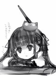 Rule 34 | 1girl, anquette-chan (nanashi), empty eyes, gloves, greyscale, highres, long hair, monochrome, nanashi (nlo), original, parted lips, simple background, sitting, solo, stylus, translation request, upper body, white background