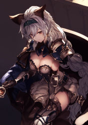 Rule 34 | 1girl, animal ears, arm guards, armor, backless outfit, bare shoulders, belt, blue neckwear, boots, braid, breasts, brown eyes, cat ears, cleavage, cup, detached collar, dress, elbow pads, from above, gauntlets, genyaky, gloves, granblue fantasy, hair tubes, hairband, hand on own thigh, heles, highres, holding, holding cup, large breasts, long hair, low tied hair, pauldrons, shoulder armor, side slit, signature, silver dress, silver hair, single braid, sitting, smile, smirk, thighhighs, thighs, very long hair