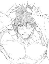 Rule 34 | 2boys, absurdres, ao isami, bara, blush, greyscale, hand in another&#039;s hair, highres, looking at viewer, male focus, monochrome, multiple boys, nipples, nude, official alternate hairstyle, pectorals, pov adoring, short hair, sketch, solo focus, tearing up, thick eyebrows, toned, toned male, upper body, veins, veiny arms, yaoi, yuuki bakuhatsu bang bravern, zanki