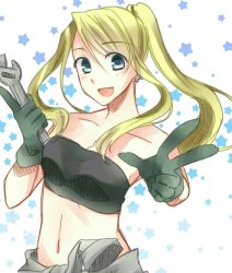 Rule 34 | 1girl, bandeau, blonde hair, blue background, blue eyes, clothes around waist, earrings, fullmetal alchemist, gloves, highres, holding, jewelry, jumpsuit, long hair, numa178, open mouth, ponytail, solo, star (symbol), starry background, swept bangs, v, white background, winry rockbell, wrench