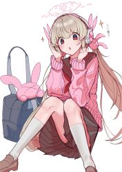 Rule 34 | 1girl, alternate costume, alternate hairstyle, bag, blonde hair, blush, full body, headphones, heart, highres, long hair, low twintails, mosuroshyu, natori sana, open mouth, red eyes, sana channel, school bag, school uniform, sitting, solo, stuffed toy, twintails, virtual youtuber, white background