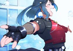 Rule 34 | 1girl, belt, black hair, blue hair, blush, bubble, closed eyes, commentary, english commentary, fingerless gloves, from side, gloves, gradient hair, hair ornament, jacket, kusunoki tomori, love live!, love live! nijigasaki high school idol club, multicolored hair, music, one side up, red jacket, repunit, short hair, sidelocks, singing, single glove, single sleeve, solo, two-tone hair, voice actor, voice actor connection, yuki setsuna (love live!)