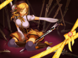 Rule 34 | 10s, 1girl, beret, blonde hair, blurry, boots, breasts, brown thighhighs, corset, depth of field, detached sleeves, drill hair, fingerless gloves, gloves, gun, hair ornament, hairpin, hat, large breasts, looking down, magical girl, magical musket, mahou shoujo madoka magica, outstretched arm, perspective, pleated skirt, puffy sleeves, ribbon, rifle, shirt, short hair, sitting, skirt, solo, striped clothes, striped thighhighs, taut clothes, taut shirt, thighhighs, tomoe mami, twin drills, twintails, unaligned breasts, vertical-striped clothes, vertical-striped thighhighs, wallpaper, weapon, yellow eyes, yudohu, zettai ryouiki