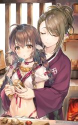 Rule 34 | 2girls, absurdly long hair, age difference, ahoge, animal ears, anju (utawarerumono), aquaplus, blush, braid, breasts, brown eyes, brown hair, choker, closed eyes, closed mouth, collarbone, commentary request, crop top, cutting board, furnace, hair between eyes, hair ornament, height difference, highleg, highres, holding, holding hands, holding knife, japanese clothes, jewelry, kimono, knife, lips, long hair, long sleeves, looking at viewer, midriff, mole, mole under eye, momoko (momopoco), multiple girls, navel, necklace, official art, open mouth, parted lips, pointy ears, potato, quad braids, shirt, short sleeves, sidelocks, small breasts, smile, stomach, swept bangs, torikori (utawarerumono), utawarerumono, utawarerumono: futari no hakuoro, utawarerumono: itsuwari no kamen, utawarerumono: lost flag, very long hair, watermark, white shirt, wide sleeves