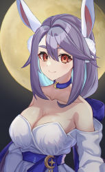 Rule 34 | 1girl, animal ears, aqua hair, bare shoulders, breasts, choker, cleavage, collarbone, crescent moon, dress, epic seven, full moon, hair between eyes, hair ornament, highres, long hair, long sleeves, looking at viewer, moon, moon bunny dominiel, multicolored hair, naoki0106, night, night sky, pom pom (clothes), pom pom hair ornament, purple hair, rabbit ears, ribbon, sky, smile, strapless, strapless dress, white dress