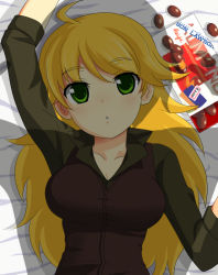 Rule 34 | 00s, 1girl, :o, ahoge, bed, blonde hair, breasts, chocolate, from above, green eyes, hoshii miki, idolmaster, idolmaster (classic), idolmaster 1, large breasts, long hair, looking at viewer, lying, meiji (brand), on back, shadow, solar kaichuudentou, solo