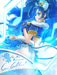 Rule 34 | 1girl, animal ears, back, blue choker, blue gloves, blue hair, blue skirt, blue thighhighs, character name, choker, clear glass (mildmild1311), crown, crown earrings, cure gelato, extra ears, gloves, highres, kirakira precure a la mode, layered skirt, lion ears, lion tail, long hair, looking at viewer, looking back, magical girl, mini crown, precure, short sleeves, skirt, smile, solo, tail, tategami aoi, thighhighs