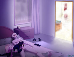 Rule 34 | 1boy, 2girls, artist name, bed sheet, bedroom, brown hair, censored, cheating (relationship), clothed female nude male, curtains, drawer, fellatio, hetero, indoors, lying, mosaic censoring, multiple girls, namikaze minato, naruto (series), naruto shippuuden, nohara rin, nude, on back, on bed, open door, open mouth, oral, penis grab, scy 25, sex, showering, uzumaki kushina, wall, water, wet, window