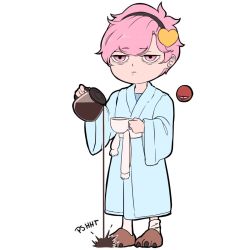 Rule 34 | 1girl, alternate costume, bathrobe, chibi, coffee, coffee cup, coffee pot, cup, disposable cup, full body, hand up, holding, holding cup, jitome, komeiji satori, long sleeves, mefomefo, pink eyes, pink hair, pouring, short hair, simple background, sleepy, slippers, socks, solo, spill, spilling, third eye, touhou, white background, wide sleeves