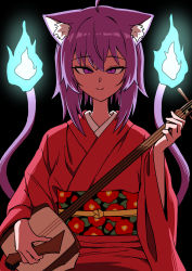 Rule 34 | 1girl, absurdres, animal ears, black background, cat ears, cat girl, cat tail, chun 1234567, fire, highres, hololive, instrument, japanese clothes, kimono, looking at viewer, multiple tails, nekomata okayu, purple eyes, sash, shamisen, simple background, smile, solo, tail, virtual youtuber