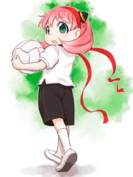 Rule 34 | 1girl, anya (spy x family), ball, black shorts, child, green eyes, hair ornament, hairband, highres, holding, holding ball, looking at viewer, looking back, open mouth, pink hair, red hairband, shirt, shoes, short hair, short sleeves, shorts, socks, solo, spy x family, t-shirt, teruki kuma, volleyball (object), walking, white background, white footwear, white shirt