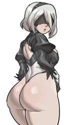 Rule 34 | 1girl, ass, back cutout, black gloves, black hairband, blindfold, clothing cutout, covered eyes, from behind, gloves, hairband, highres, juliet sleeves, leotard, lips, long sleeves, looking back, maniacpaint, nier (series), nier:automata, puffy sleeves, silver hair, solo, thick thighs, thighs, white leotard, 2b (nier:automata)
