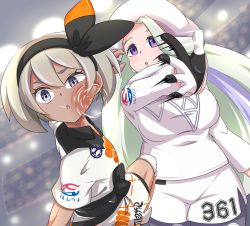 Rule 34 | 2girls, :o, bea (pokemon), black bodysuit, blonde hair, bodysuit, bodysuit under clothes, breasts, clothes writing, creatures (company), crowd, dark-skinned female, dark skin, drooling, game freak, gloves, grey eyes, grey hair, grey legwear, gym leader, hairband, highres, in the face, knee pads, large breasts, long hair, long sleeves, mature female, melony (pokemon), multicolored hair, multiple girls, nintendo, pantyhose, pantyhose under shorts, pokemon, pokemon swsh, purple eyes, short hair, short shorts, short sleeves, shorts, slapping, stadium, streaked hair, sunz7244, sweater, two-tone gloves, very long hair, white shorts, white sweater