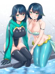 Rule 34 | 2girls, awono nanaumi, black gloves, black one-piece swimsuit, blue hair, blush, breasts, cleavage, closed mouth, collarbone, commentary request, competition swimsuit, cropped jacket, dual persona, fukami nana (awono nanaumi), gloves, green eyes, green jacket, grin, hair flaps, highres, jacket, large breasts, looking at viewer, mermaid, monster girl, multiple girls, one-piece swimsuit, original, pool, short hair, smile, soaking feet, swimsuit, teeth, thighhighs, water