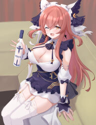Rule 34 | 1girl, 2 (ninininni), alcohol, animal ears, apron, azur lane, bottle, breasts, cat ears, cheshire (azur lane), cheshire (azur lane) (cosplay), cleavage, commission, cosplay, detached sleeves, fake animal ears, frilled hairband, frills, from above, hair between eyes, hairband, highres, holding, holding bottle, indoors, large breasts, long hair, looking at viewer, maid headdress, one eye closed, orange hair, pixiv commission, puffy detached sleeves, puffy sleeves, purple apron, sitting, solo, thighhighs, vodka, volga (azur lane), white thighhighs, yellow eyes