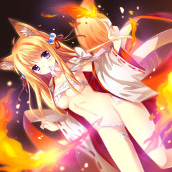 Rule 34 | 1girl, absurdres, animal ears, blonde hair, breasts, cleavage, detached sleeves, fire, fox ears, fox tail, hair bobbles, hair ornament, highres, japanese clothes, long hair, miko, mouth hold, mozilla firefox, ofuda, original, os-tan, purple eyes, ribbon, ribbon-trimmed sleeves, ribbon trim, shoufukucho, tail, underboob, wide sleeves