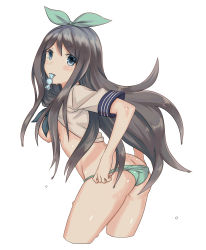 Rule 34 | 1girl, ass, bad id, bad pixiv id, black hair, blue eyes, blush, borrowed character, bow, breasts, butt crack, candy, cowboy shot, cropped legs, hair bow, highres, kamezaemon, long hair, mouth hold, no pants, original, panties, panty pull, sideboob, simple background, solo, underwear, very long hair, wet, white background, wrapped candy