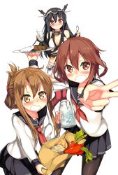 Rule 34 | 10s, 3girls, bad id, bad pixiv id, bag, bare shoulders, black gloves, black legwear, black skirt, blush, brown eyes, brown hair, carrot, curry, curry rice, elbow gloves, fingerless gloves, folded ponytail, food, glasses, gloves, headgear, highres, ikazuchi (kancolle), inazuma (kancolle), kantai collection, kantoku (style), kawai (purplrpouni), long hair, long sleeves, looking at viewer, multiple girls, nagato (kancolle), neckerchief, onion, open mouth, pantyhose, pitcher (container), pleated skirt, potato, red eyes, red neckerchief, rice, sailor collar, school uniform, serafuku, shopping bag, short hair, skirt, spoon, tears, v, wavy mouth, white skirt
