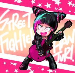 Rule 34 | animal print, biker clothes, black gloves, boots, bracelet, character name, chibi, collar, commentary request, copyright name, drill hair, electric guitar, english text, fingerless gloves, gloves, gradient background, guitar, hair horns, hair ornament, han juri, holding, holding instrument, instrument, jacket, jewelry, leather, marimo (yousei ranbu), multicolored hair, open mouth, pink hair, spider print, spiked bracelet, spiked collar, spikes, street fighter, street fighter v, studded jacket, twin drills, two-tone hair