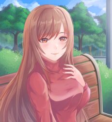 Rule 34 | 1girl, adobolaide, blush, brown hair, casual, closed mouth, day, goddess of victory: nikke, hand on own chest, highres, long hair, looking at viewer, nail polish, orange eyes, outdoors, park, rapi (nikke), red nails, red sweater, smile, solo, sweater, tree, turtleneck, turtleneck sweater