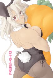 Rule 34 | 10s, 1girl, animal ears, ass, back, bare shoulders, between legs, black pantyhose, breasts, carrot, cleavage, dark-skinned female, dark skin, detached collar, fake animal ears, glasses, hug, kantai collection, large breasts, leotard, long hair, musashi (kancolle), muscular, neko majin, pantyhose, playboy bunny, pointy hair, rabbit ears, rabbit tail, short hair, simple background, solo, tail, translation request, wrist cuffs